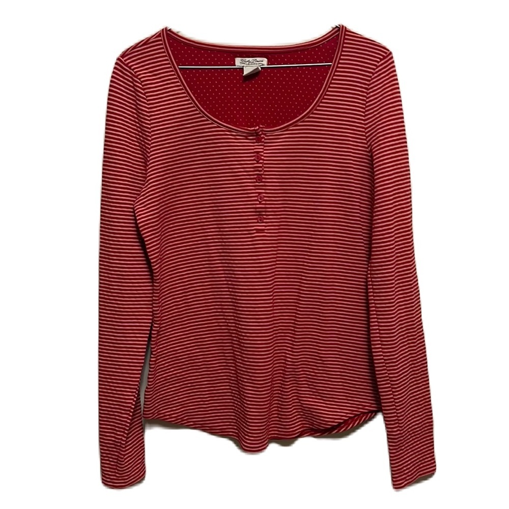 Women’s LUCKY BRAND, Striped, Scoop Neck, Half Button down top, Red/Peach, Large